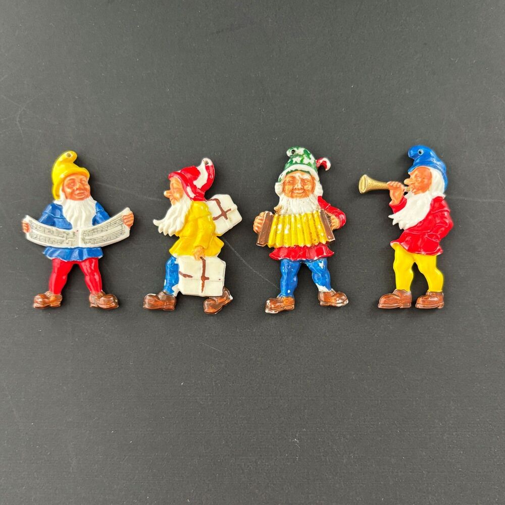 1950s Vintage German Plastic Gnome Cake Topper Christmas Ornaments Lot Of 4